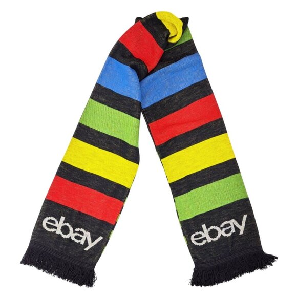 eBay Open 2023 Neck Scarf Reversible Checkered Striped Black Multicolor Fringe - Picture 3 of 7